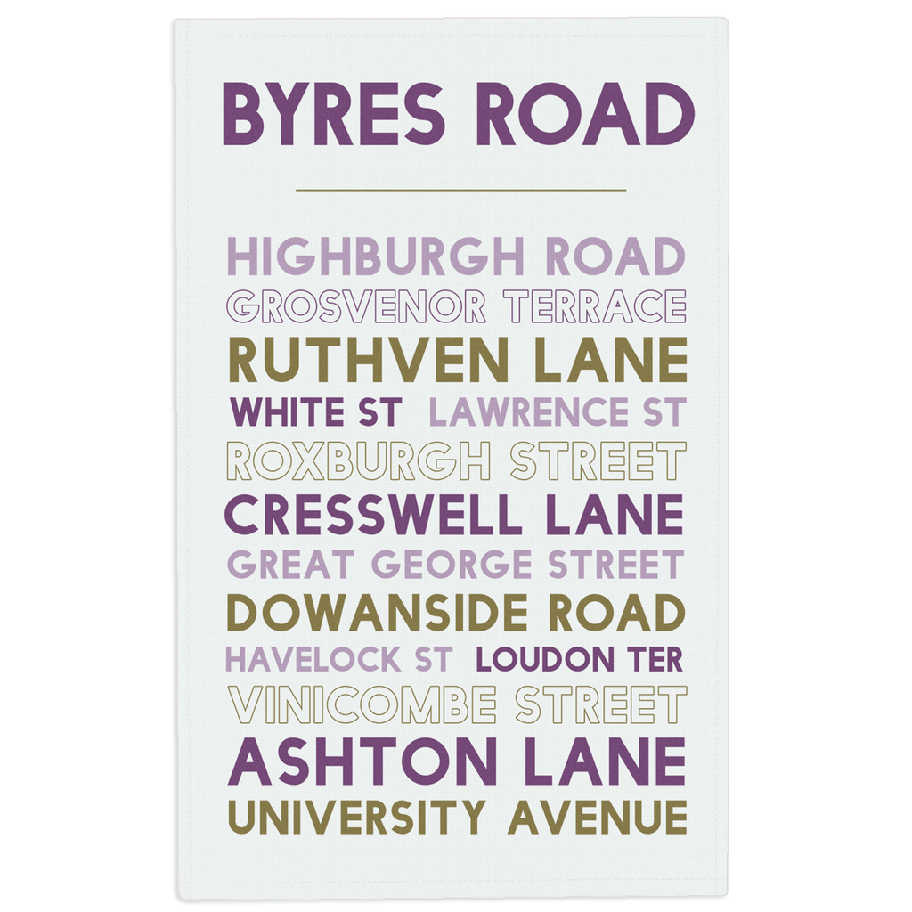 Byres Road tea towel on a white background