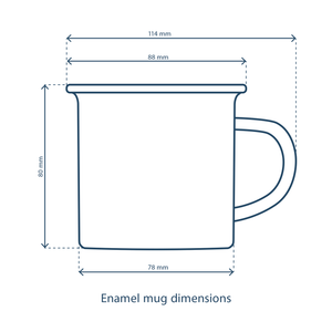 A diagram showing the dimensions of the enamel mug. It measures 114mm wide (including the handle) by 80mm tall, with a tumbler diameter of 78mm. The lip flares out at the top of the mug to a diameter of 88mm.