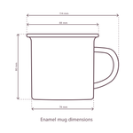 A diagram showing the dimensions of the enamel mug. It measures 114mm wide (including the handle) by 80mm tall, with a tumbler diameter of 78mm. The lip flares out at the top of the mug to a diameter of 88mm.