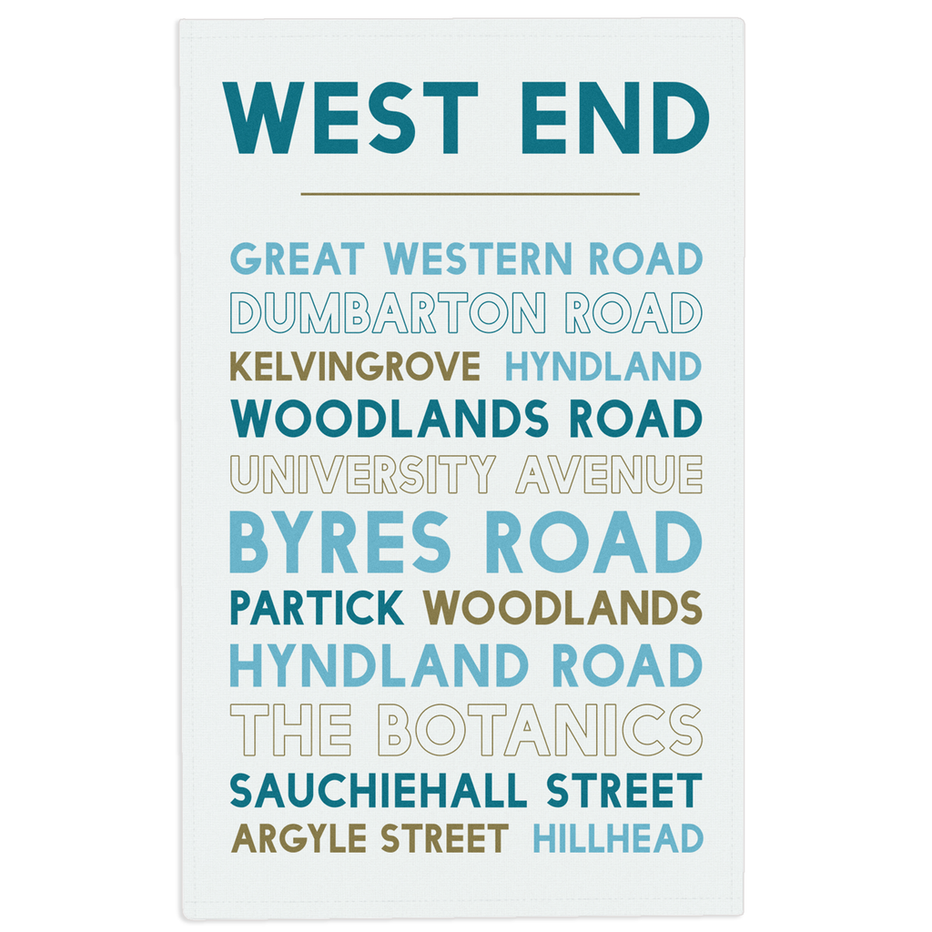 Glasgow West End tea towel on a white background