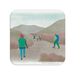 Hiking coaster with a drawing of hikers headed into a mountainous landscape. Square with rounded corners.