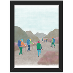 Hiking print in a black frame against a white background 