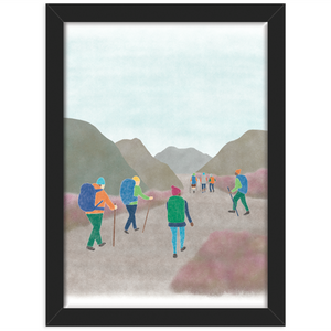 Hiking print in a black frame against a white background 