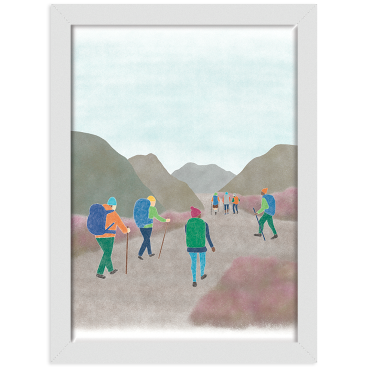 Hiking print in a white frame against  white background 