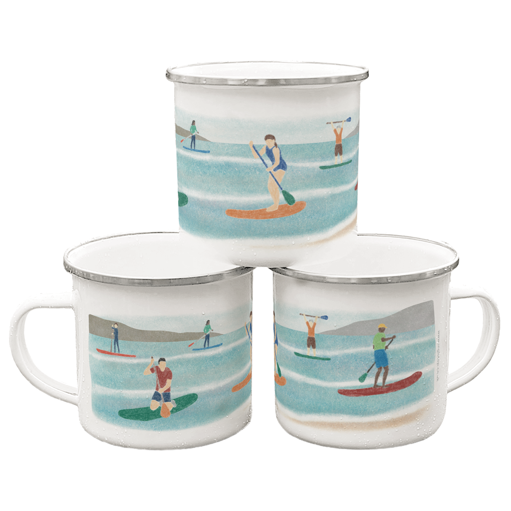 A stack of three Paddleboarding enamel mugs against a plain white background 