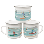 A stack of three Paddleboarding enamel mugs against a plain white background 