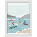 Paddleboarding print in a white frame against a white background 