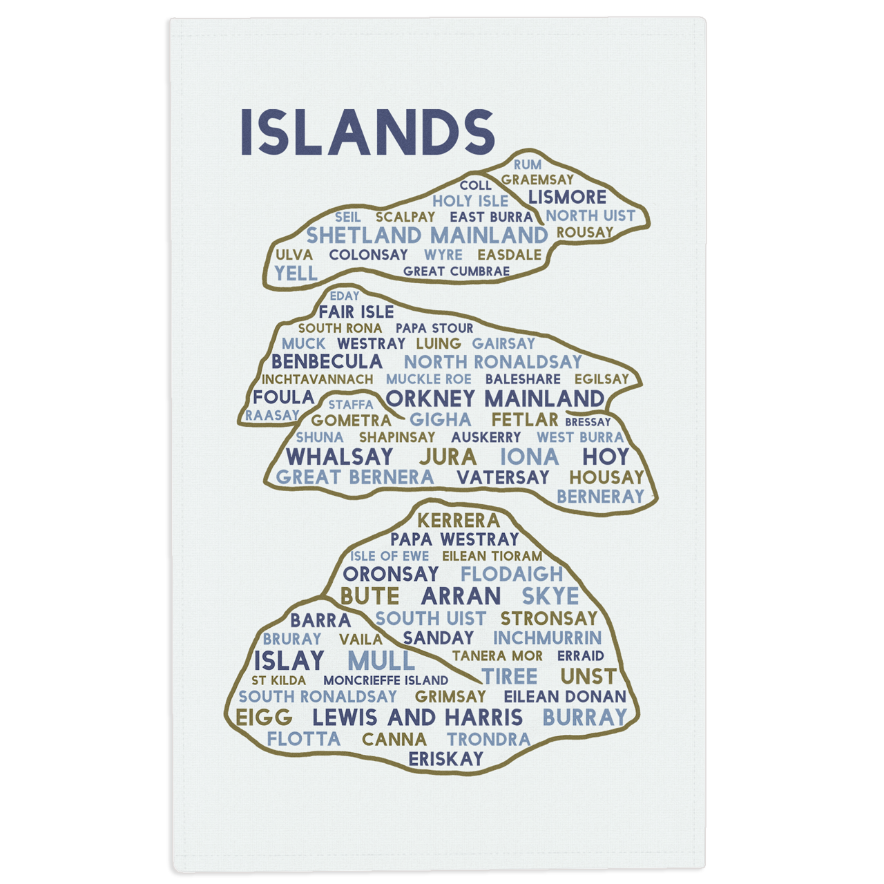 Scottish islands tea towel on a plain white background