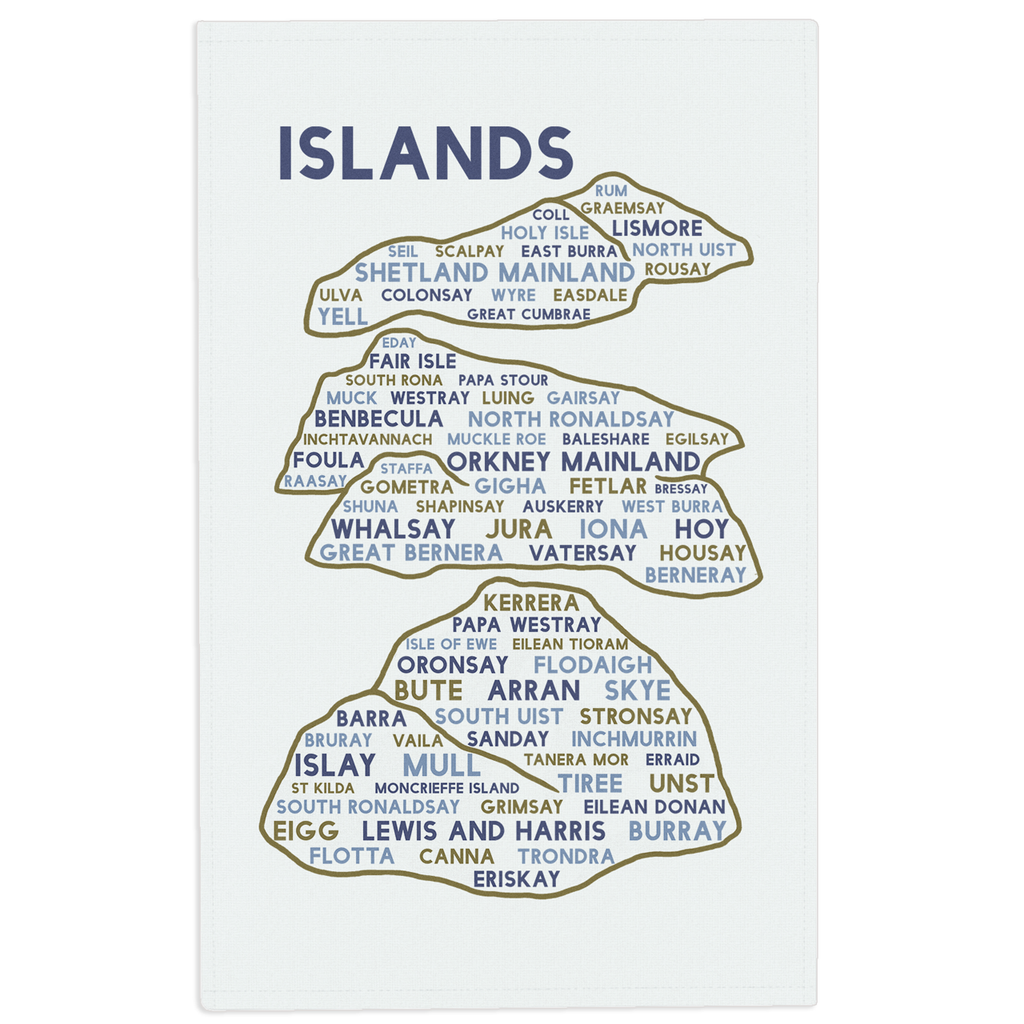 Scottish islands tea towel on a plain white background