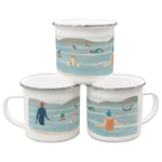 A stack of three wild swimming enamel mugs against a plain white background 