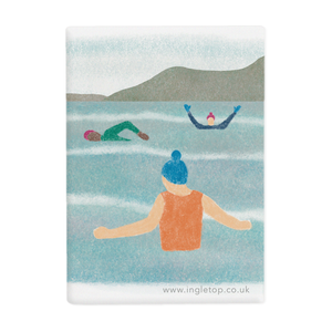 A rectangular ceramic wild swimming fridge magnet featuring an illustration of three swimmers out in the water