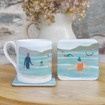 8oz fine bone china mug and two hardboard coasters, printed with an illustration of a group of wild swimmers 