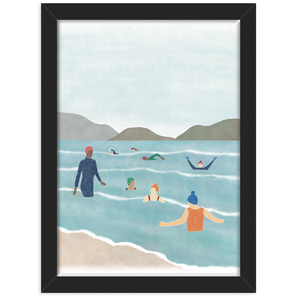 Wild swimming print in a black frame against a white background 