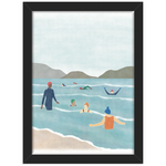 Wild swimming print in a black frame against a white background 