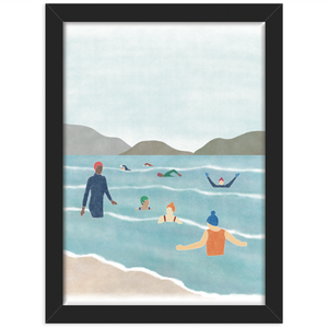 Wild swimming print in a black frame against a white background 