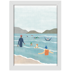 Wild swimming print in a white frame against a white background 